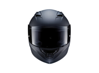 Isolated modern matte dark grey full-face motorcycle helmet with a black visor and vents front view © Conor