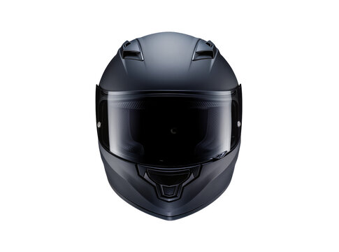 Isolated modern matte dark grey full-face motorcycle helmet with a black visor and vents front view