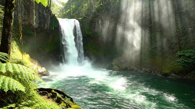 Lush waterfall cascading into a crystal clear pool with sun rays filtering through the dense forest canopy