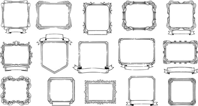 Rustic vintage frames. Outline simple ornamental borders. Clipart old square blank badges isolated on white background. Vector illustration.
