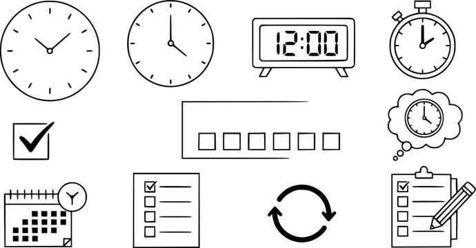 Minimalist icons for planning and scheduling with clocks and checklists
