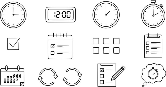 Minimalist icons for planning and scheduling with clocks and checklists
