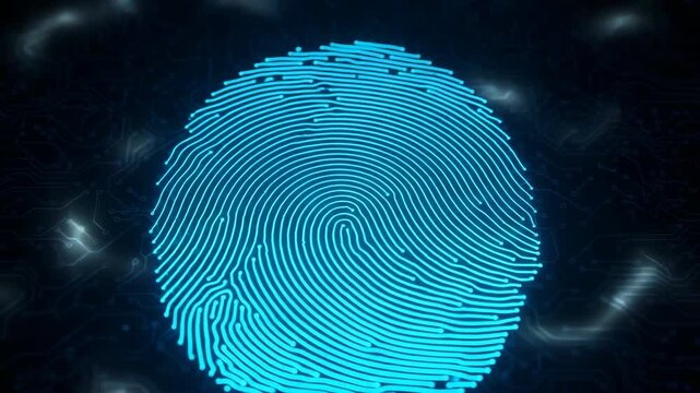 Glowing Digital Fingerprint Over Blue Circuit Board Background Identity Verification Security For Technology Data Protection Applications