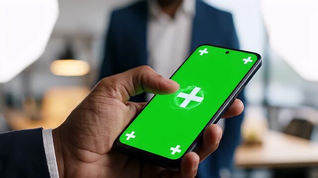Man's hand holding smartphone with green screen plus sign in office