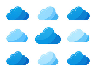Fototapeta premium Isolated set of nine stylized blue cloud icons representing digital storage and weather