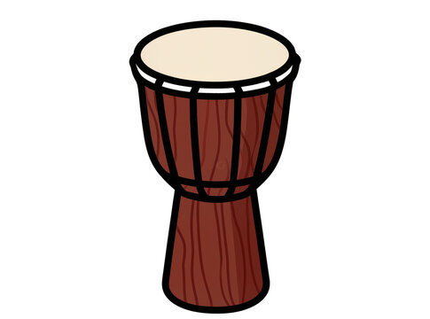Isolated traditional African djembe drum percussion instrument with wooden body and rope tuning