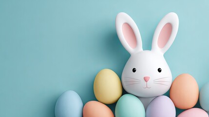 Obraz premium A white Easter bunny surrounded by colorful eggs on a blue background