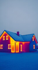 Thermal image revealing significant heat loss from a residential structure on a frosty winter day, highlighting poor insulation and energy inefficiency, leak, winter, environment