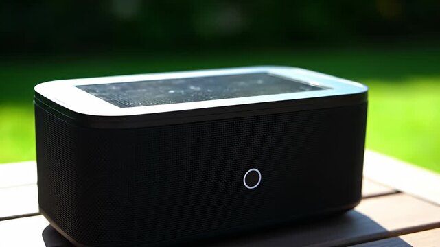 Portable outdoor speaker with solar panel on wooden table outdoors