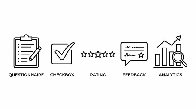 Business survey icons for questionnaire, checkbox, rating, feedback, and analytics
