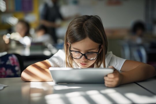 Young girl in glasses focused on tablet during class with sunlight stripes