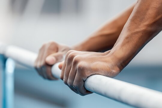 Gymnast's hands gripping a parallel bar, demonstrating strength and focus