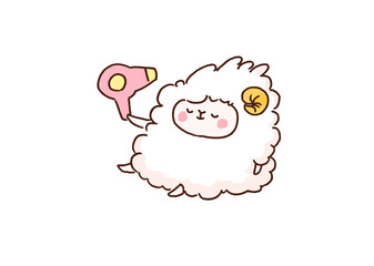 Naklejka premium Cute sheep drying its fluffy wool with a pink hair dryer, hair care concept
