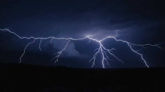 Epic nighttime lightning storm flashes across the dark sky above a distant forest landscape during a severe weather event