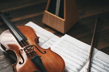 Naklejka premium Violin and sheet music on a wooden table with a metronome in the background