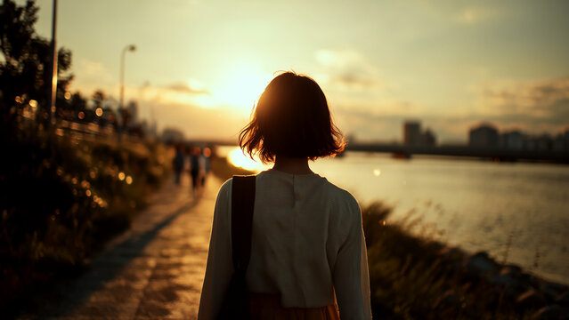 夕暮れの水辺で眩しそうに空を仰ぐ自由な女性の後ろ姿