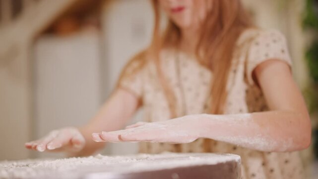Young girl dusting flour across table, young caucasian helper playfully preparing pumpkin pie, hands smoothing dough, flour speckles in hair, warm family kitchen, childhood baking memory