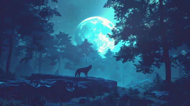 Mystic forest with wolf and moon, enchanting illustration of night woods in moonlight