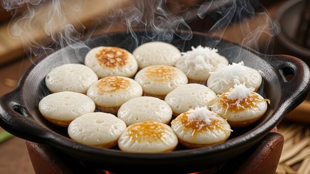 Steaming hot traditional Indonesian serabi pancakes cooking in a rustic pan, topped with shredded coconut.