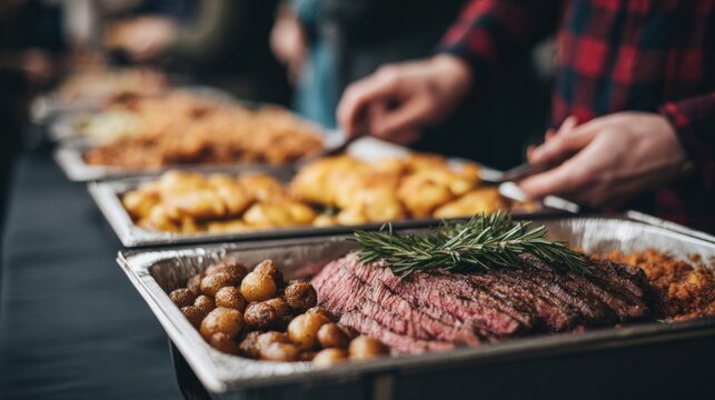 Delicious buffet spread featuring sliced roast beef with rosemary and roasted potatoes