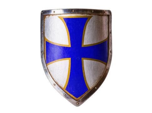 Isolated medieval knight's shield with blue cross and golden details, historical crusader armament