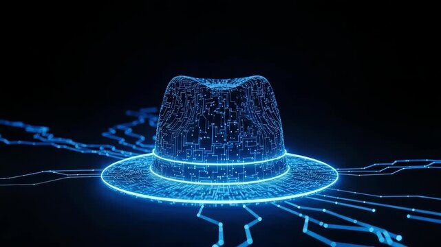 Glowing Digital Fedora Hat With Circuit Board Design Emanating Light Trails On Dark Background Cybersecurity Information Technology Digital Concepts For Presentations