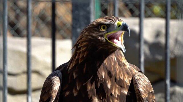 Magnificent close up of a golden eagle with striking brown and gold plumage, opening its beak in a loud call.