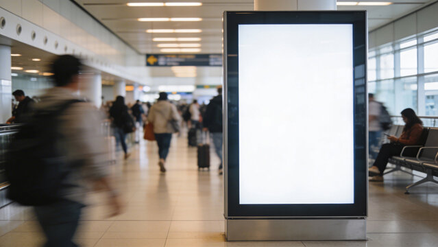 Blank advertising billboard stands at the airport terminal hall with blurry people walking in background.