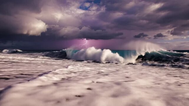 Epic ocean waves crashing on a sandy beach during a dramatic thunderstorm with lightning strikes, sea scene