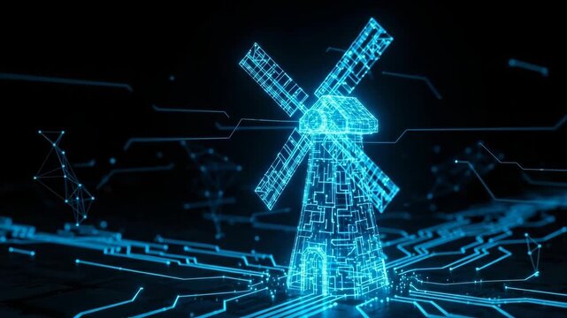Digital Windmill With Neon Lines Circuits Renewable Energy Generating Power In Futuristic Setting With Network Elements In The Background To Illustrate Technology Eco-friendly Practi