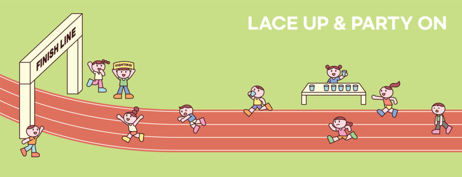 Cute character with a round face are running along the marathon track toward the finish line. featuring a design and geometric shape.