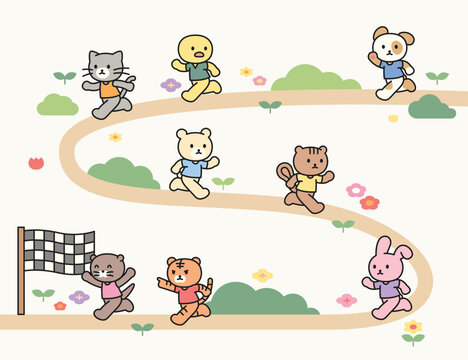 Cute animals are running in the forest. 