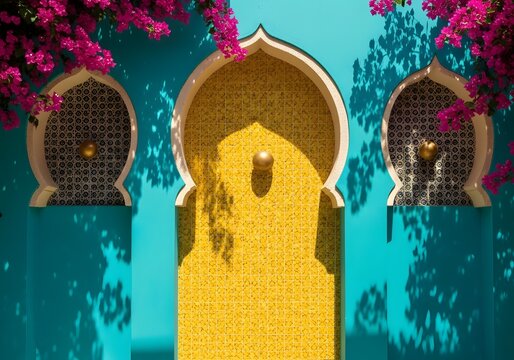 An ornate Moroccan fountain, with a bright turquoise facade and vibrant pink bougainvillea, provides a glimpse into the enchanting architecture and vibrant culture of Marrakech, Morocco