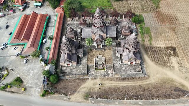 Mysterious abandoned Khmer temple replica in Northern Thailand, drone shot.