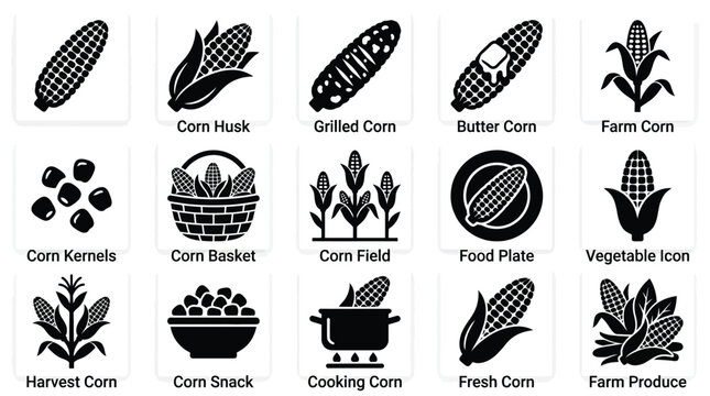 Collection of black and white icons representing various forms and preparations of corn, including whole ears, kernels, husks, and cooked dishes.