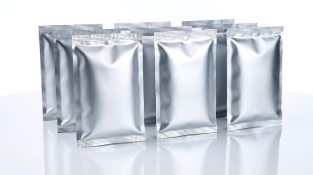 Metallic silver foil packets arranged in a row with white reflective surface and background