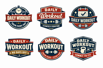 Obraz premium Daily workout fitness badges set featuring gym equipment and motivational phrases for sports training and healthy lifestyle