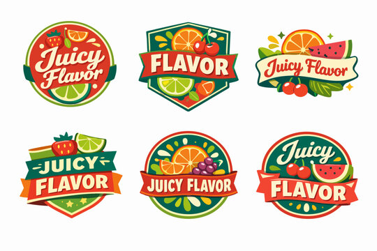Collection of vintage fruit flavor logo badges with citrus, berries, and watermelon for food packaging and labels