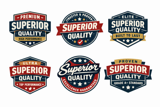 Vintage style superior quality badges certifying premium products, high performance, and guaranteed excellence