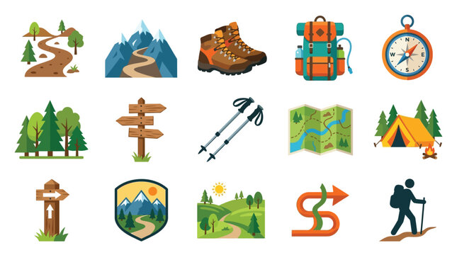 Collection of colorful flat icons representing hiking and outdoor adventure activities, including trails, mountains, boots, backpacks, compasses, tents, and directional signs.