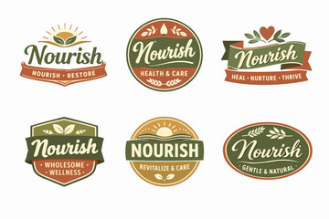 Obraz premium Nourish natural wellness branding badges. Collection of organic food, health, and eco-friendly logos for products