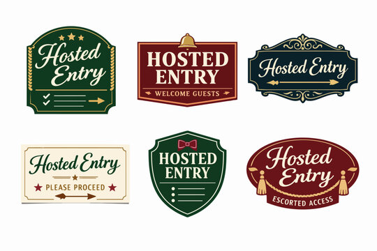 Hosted entry badge collection presenting exclusive access, guest welcome, and concierge service signage design