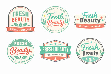 Obraz premium Six retro-inspired fresh beauty logos with leaves and drops, symbolizing natural, radiant, and youthful skincare products