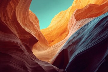 Obraz premium Dramatic view inside a red sandstone slot canyon with flowing rock formations illuminated by warm sunlight in desert landscape.