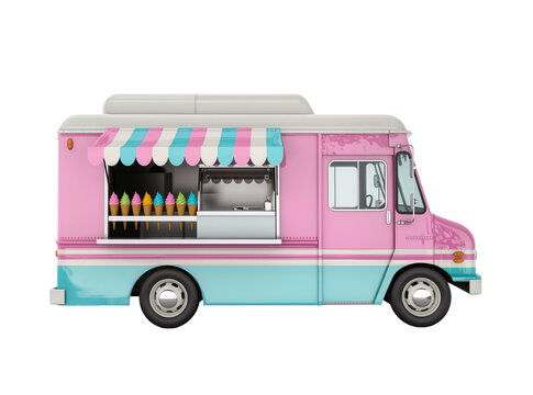 Isolated pastel pink and blue retro ice cream parlor truck side view with colorful cones