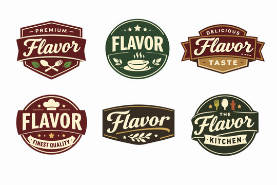 Flavor food badges collection representing culinary taste and premium quality, vintage restaurant and kitchen labels design
