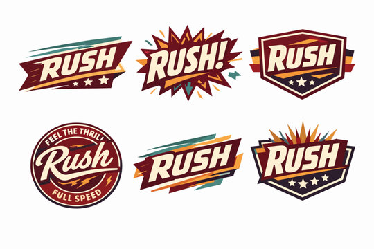 Collection of rush themed badges and emblems, illustrating speed, energy, and dynamic motion in vintage style design