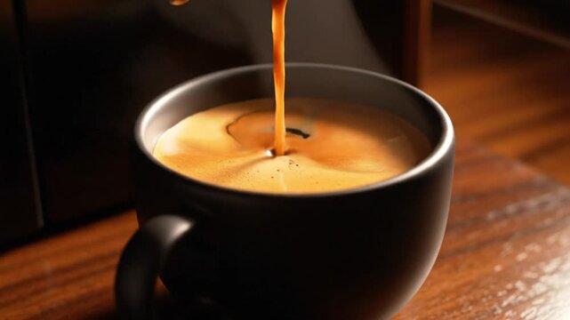 Close-up shot of hot espresso coffee being poured from a machine into a black mug, making rich crema and foam
