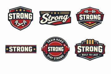 Obraz premium Strong fitness and gym logos collection, a set of badges and emblems for strength training and bodybuilding workouts