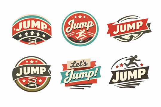 Set of vector logos and icons featuring a spring, running figure, and jump text, conveying action and play